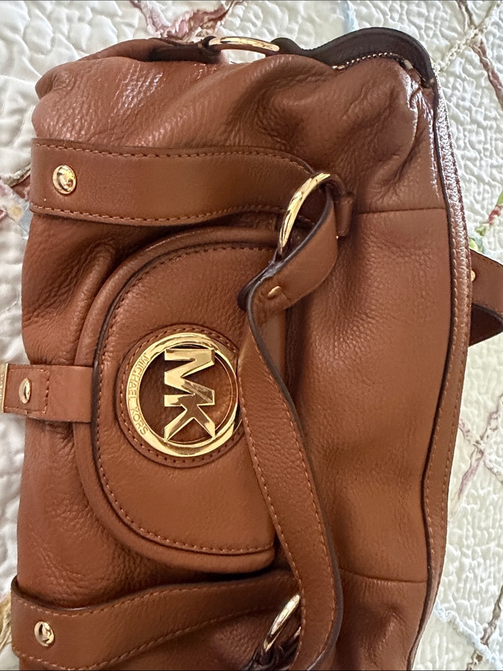Michael Kors Cognac Leather Shoulder Bag with Gold MK Emblem